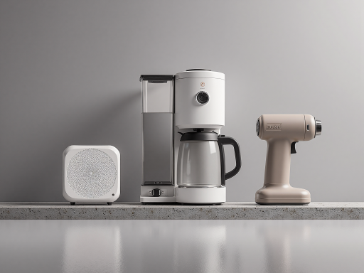 Premium home appliances including juice extractor, mosquito lamp, water flosser, air fryer, and toaster in modern kitchen setting, white background