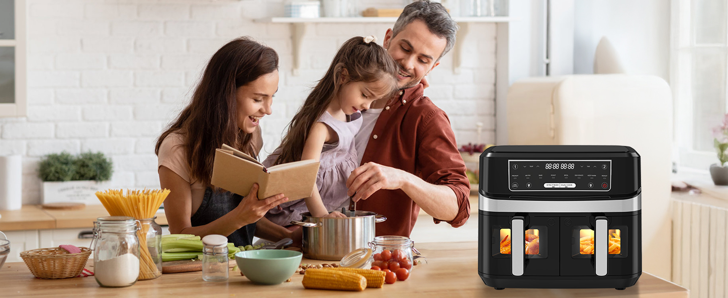 Modern air fryer with digital controls, compact design, placed on kitchen counter with healthy food preparation, contemporary styling