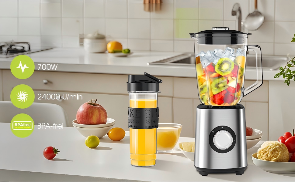 High quality juice extractor with stainless steel construction, modern design, placed on kitchen counter with fresh fruits around, bright natural lighting