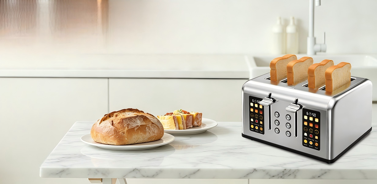 Premium toaster with wide slots, adjustable browning controls, stainless steel finish, kitchen counter placement