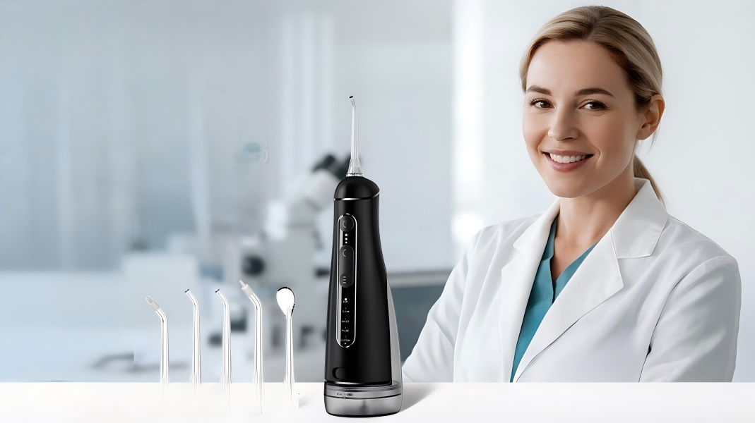 Advanced water flosser device with multiple pressure settings, modern bathroom setting, dental care appliance