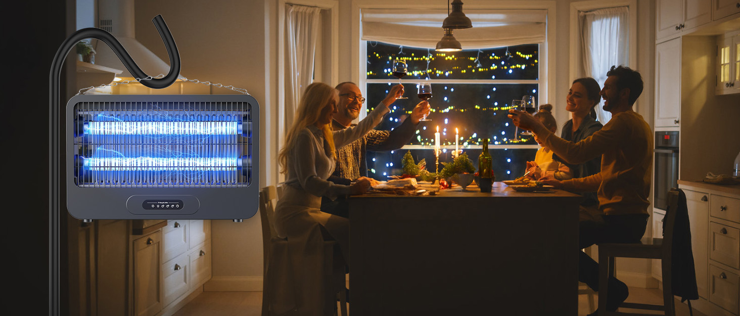Modern mosquito lamp with sleek design, LED lights, placed in bedroom setting, eco-friendly pest control device